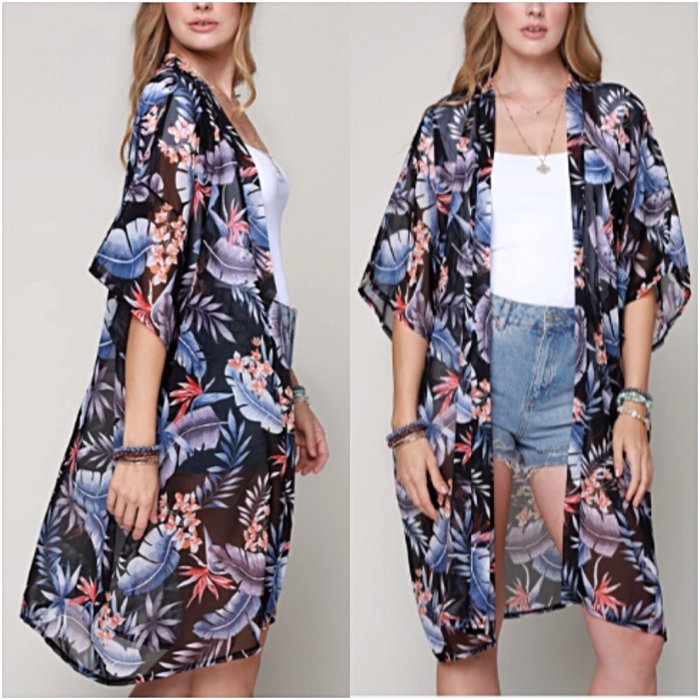 Chiffon Tropical Kimono Cardi Wrap Coverup O/S - Picture 4 of 6